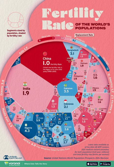 Unveiled_ChinaX's tweet photo. China is hurtling toward a demographic dead end that strikes directly at the foundation of its economic power: the collapse of its human workforce.

The stark global visualization from Visual Capitalist reveals the devastating footprint of Beijing's demographic policies, showing China's fertility rate has cratered to a disastrous 1.0. This is less than half of the 2.1 replacement rate required just to keep a population stable. While neighboring India stands at 1.9 and Nigeria soars at 4.3, China's core working-age demographic is completely evaporating.

Despite heavy state messaging surrounding factory automation, the reality is that the Chinese manufacturing machine still relies heavily on human labor. Mass-export pillars like textiles, apparel, and intricate manual assembly remain deeply dependent on a workforce of over 100 million human migrant workers because many flexible, dexterous tasks cannot be efficiently handled by machines.

#UnveiledChina #DemographicCrisis #ChinaEconomy #LaborShortage #Manufacturing #PopulationDecline #VisualCapitalist