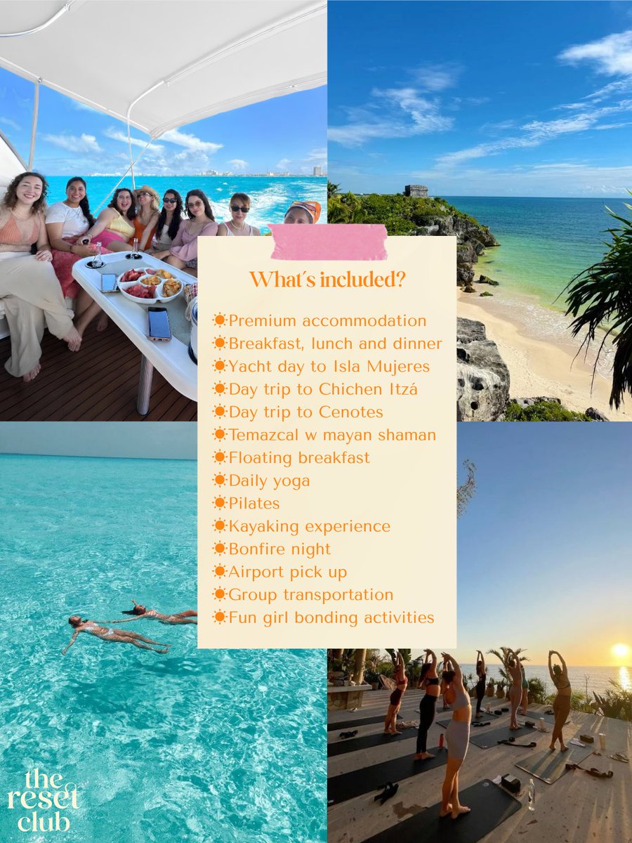 TheResetClubb's tweet photo. girls trip &amp; reset🧡

10 days across cancún, tulum &amp; bacalar with a group of like-minded girls ✈️🌴

think beach clubs, yacht days, cenotes, wellness mornings, sunset dinners &amp; the kind of summer worth living.

august 13–23.
applications now open, link in our bio https://t.co/PJTa8IgpBt