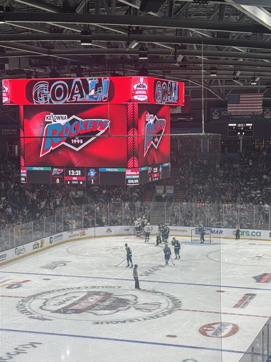 CalvinHector's tweet photo. Tij Iginla with a one timer to beat @SagueneensLHJMQ Lucas Beckman to score the @Kelowna_Rockets first goal of the 2026 @CHLHockey #MemorialCup tie game 1-1 6:29 into the second period. https://t.co/TtYo92oaHM
