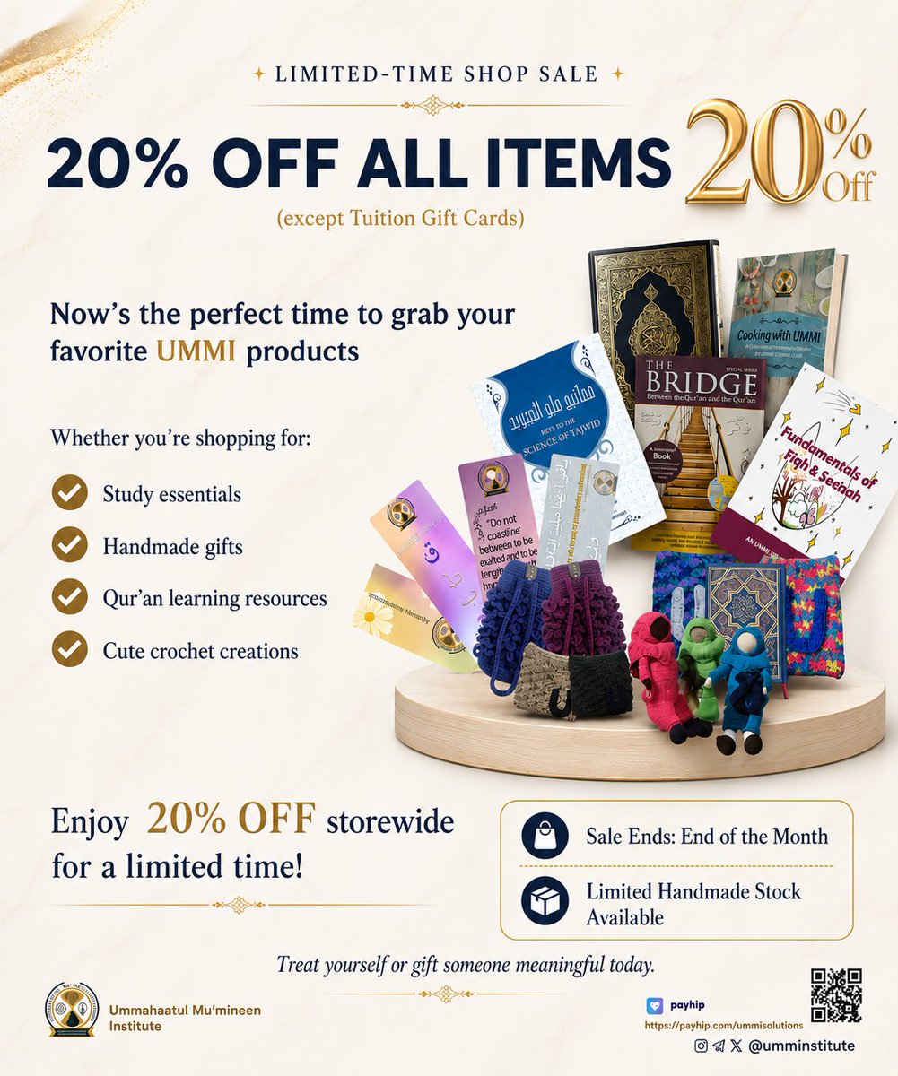 UMMInstitute's tweet photo. 🛍✨ 20% OFF at UMMI Solutions!

Books, crochet items, bookmarks &amp; more 🤍
(except Tuition Gift Cards)

📦 Limited handmade stock available
🌐 https://t.co/A27KLGsk2E

#UMMISolutions #ShopSale #Handmade #IslamicGifts #SmallBusiness https://t.co/62pKj78K1Y