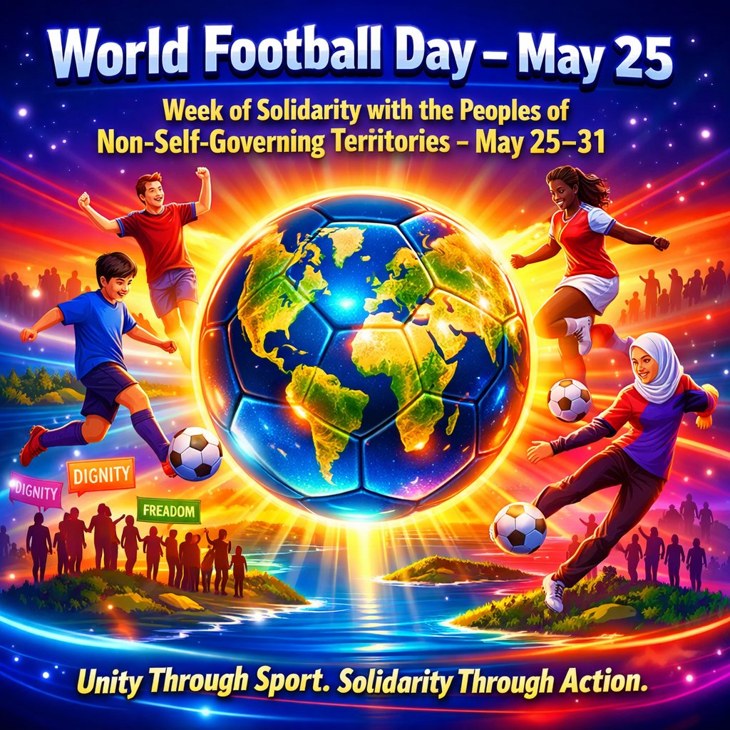 IndiaSpelling's tweet photo. Football unites the world ⚽ while solidarity demands justice. On May 25, we celebrate #WorldFootballDay and begin the #WeekOfSolidarity with Peoples of Non‑Self‑Governing Territories. How can unity on the field inspire fairness off it? #UNDays https://t.co/n9B5saz0Cg