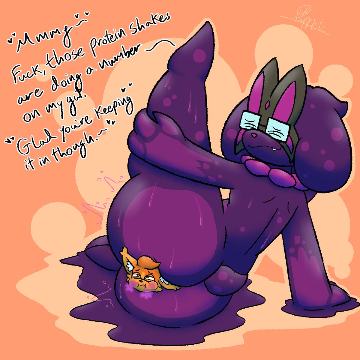 OrangeGatato's tweet photo. This purple creature was gonna doyoga and decided to yoink me, shrink me, and become their filter and rag while they did so...
Grape jelly..
2 weeks later and I can taste and smell nothing but grape jelly..

(1000/10 commission from @PurplePuppetz! 💜) https://t.co/4melRjAFCR