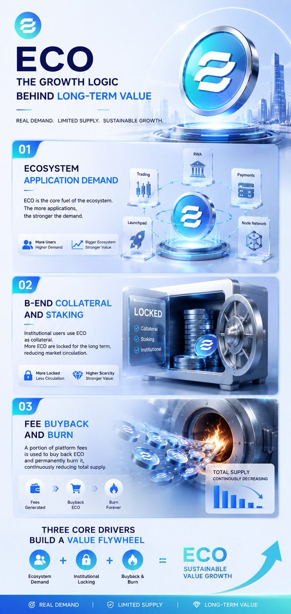 EcoCoin2025's tweet photo. ECO’s growth logic is built on three core drivers:
• Ecosystem application demand
• Institutional collateral staking
• Fee buyback & burn mechanism
As adoption grows, more #ECO is used, locked, and permanently removed from circulation.
Demand rises.
Supply decreases.
Value gets redefined.
#ECO #RWA #Web3 #DigitalAssets #Crypto #DeFi #Blockchain #TokenEconomics