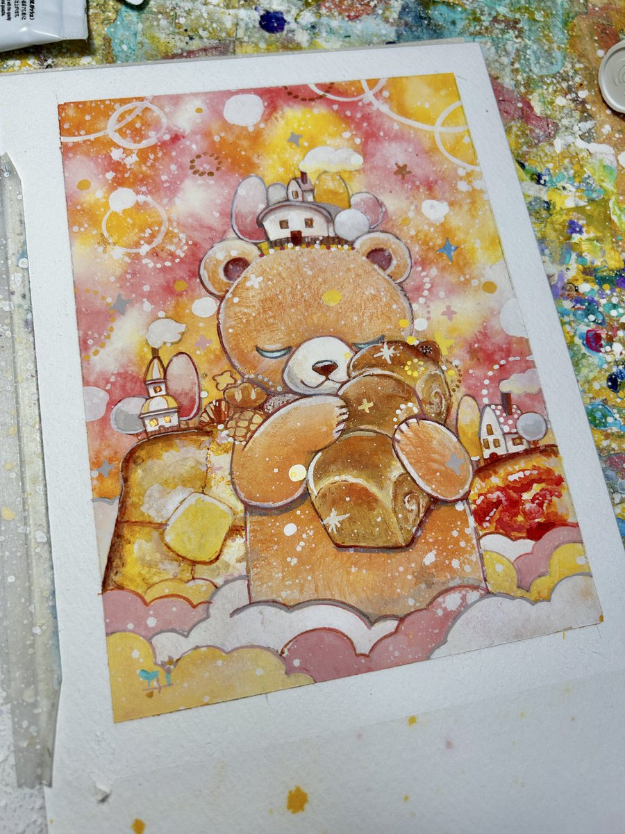 イラストレーター Yosi アクリル画 原画　 超希少な作品　真作　１点もの 可愛い幸せな瞬間を優しく描く、話題のイラストレーターYosi（ヨシ）の