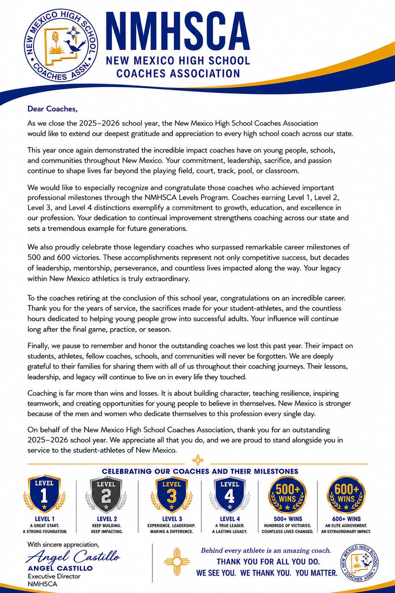 NMHSCA's tweet photo. Thank you for a great 2025-26 school year! Get some rest, recharge your batteries, and get ready for NMHSCA Summer Coaches Clinic. Be ready to run it back for 2026-27! https://t.co/EUOtSef5bZ
