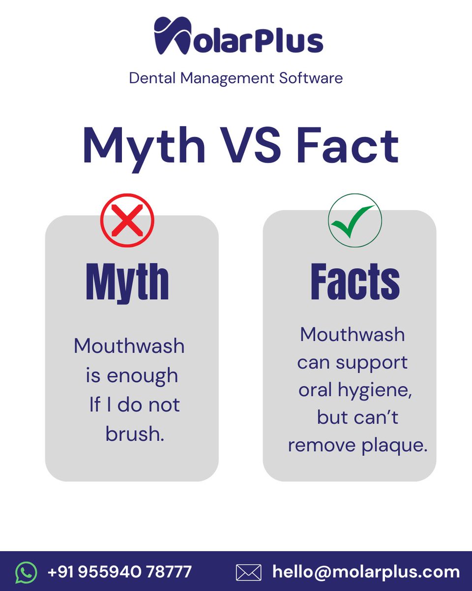 Molarplus_'s tweet photo. 🚫 Myth: Mouthwash alone is enough.
✅ Fact: Mouthwash helps support oral hygiene, but brushing is essential for removing plaque. 🪥

Healthy smiles start with the right routine. ✨

#DentalMyths #OralHealth #MolarPlus #DentalCare https://t.co/qCyuVGADWY