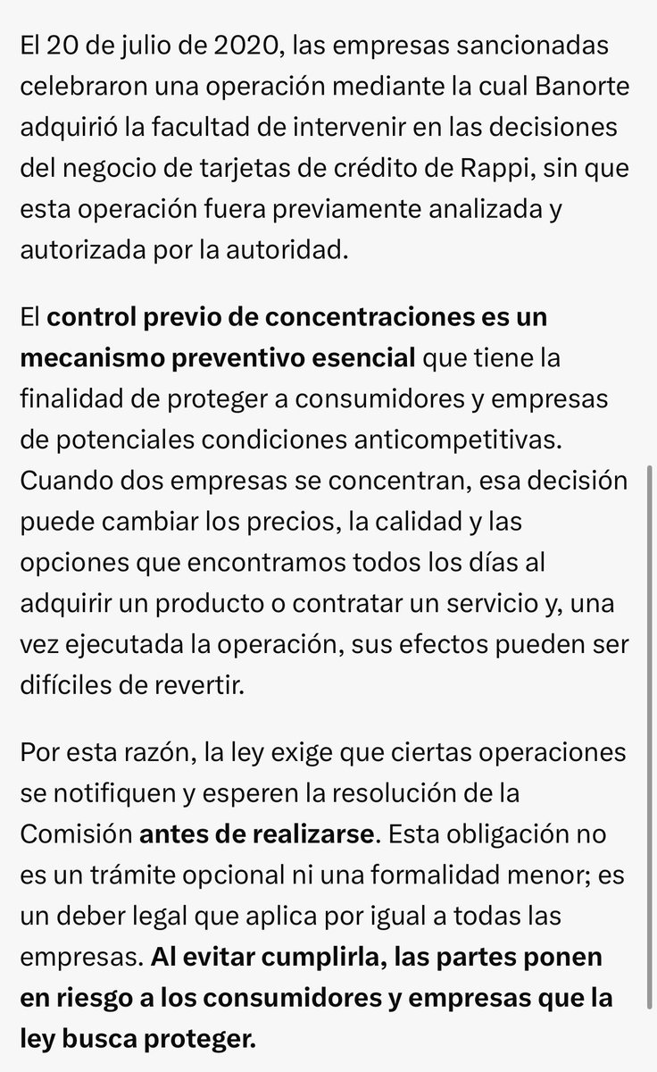 azucenau's tweet photo. 🚨La autoridad antimonopolio en México sancionó a Rappi y Banorte con una multa de 19.9 millones de pesos por realizar una concentración sin autorización previa.

La Comisión Nacional Antimonopolio (CNA) señaló que ambas empresas incumplieron el proceso regulatorio requerido antes de concretar la operación, destacando la importancia de garantizar competencia justa y transparencia en el mercado financiero y digital. 💳📲