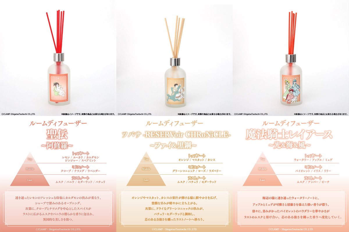 FansClamp's tweet photo. ／ 
【グッズ情報】CLAMP FANS SHOP✨
＼

予約受付中のグランドオープン記念第2弾✨
アイテムから一部をご紹介♬

🛍️ 『ルームディフューザー』（7種）

✦カードキャプターさくら
✦xxxHOLiC
✦東京BABYLON
✦X-エックス-
✦聖伝-RG VEDA-
✦ツバサ-RESERVoir CHRoNiCLE- 
✦魔法騎士レイアース

イラストをイメージした香りの
ルームディフューザーです🌿✨
作品を「香り」で感じる、
癒やしのひとときを💖

 🛒詳細はこちら⬇️
https://t.co/oaRQ8zX4Jw
⚠️【6月1日(月)23:59】までのご予約で
確実にご用意！この機会をお見逃しなく✨

#CLAMPFANSSHOP
#CLAMP
