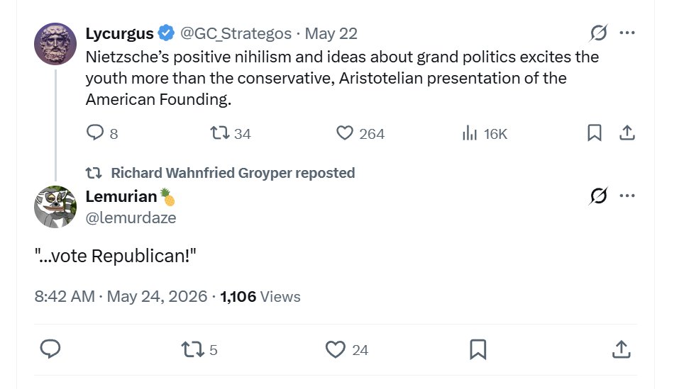 lemurdaze's tweet photo. Get used to appending this phrase to any statement from these "poasters." 

"I want to liquidate the biomass of the world in a special processing facility.... vote Republican!" 

"There are portals... to vote Republican." https://t.co/jKy039LrWx