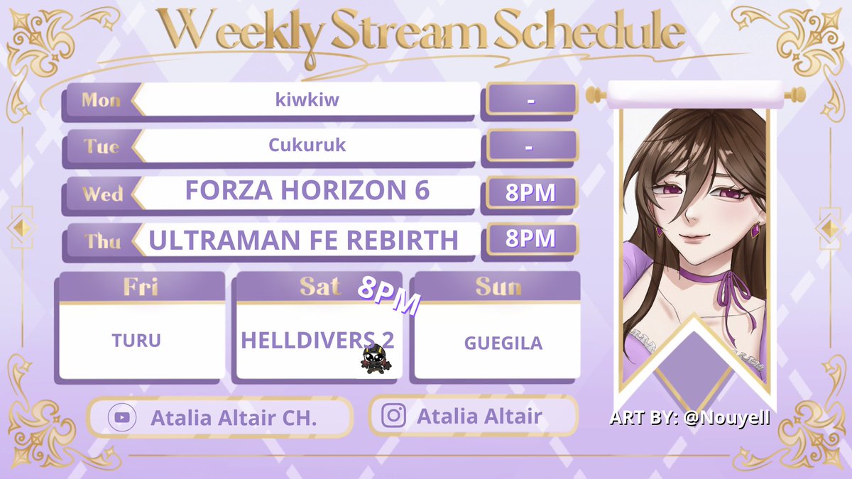 AtaliaAltair's tweet photo. 【WEEKLY SCHEDULE】
Wleeeeeeee skedulnya gak telat. Minggu ini nyobain game yang masih fresh nih terus diikutin game fossil
General : #ataliaaltair 
Fanart : #ataliart 
Live : #atalilive 
Meme : #atallain 
Art: @Nouyell https://t.co/tcl69qiAf7