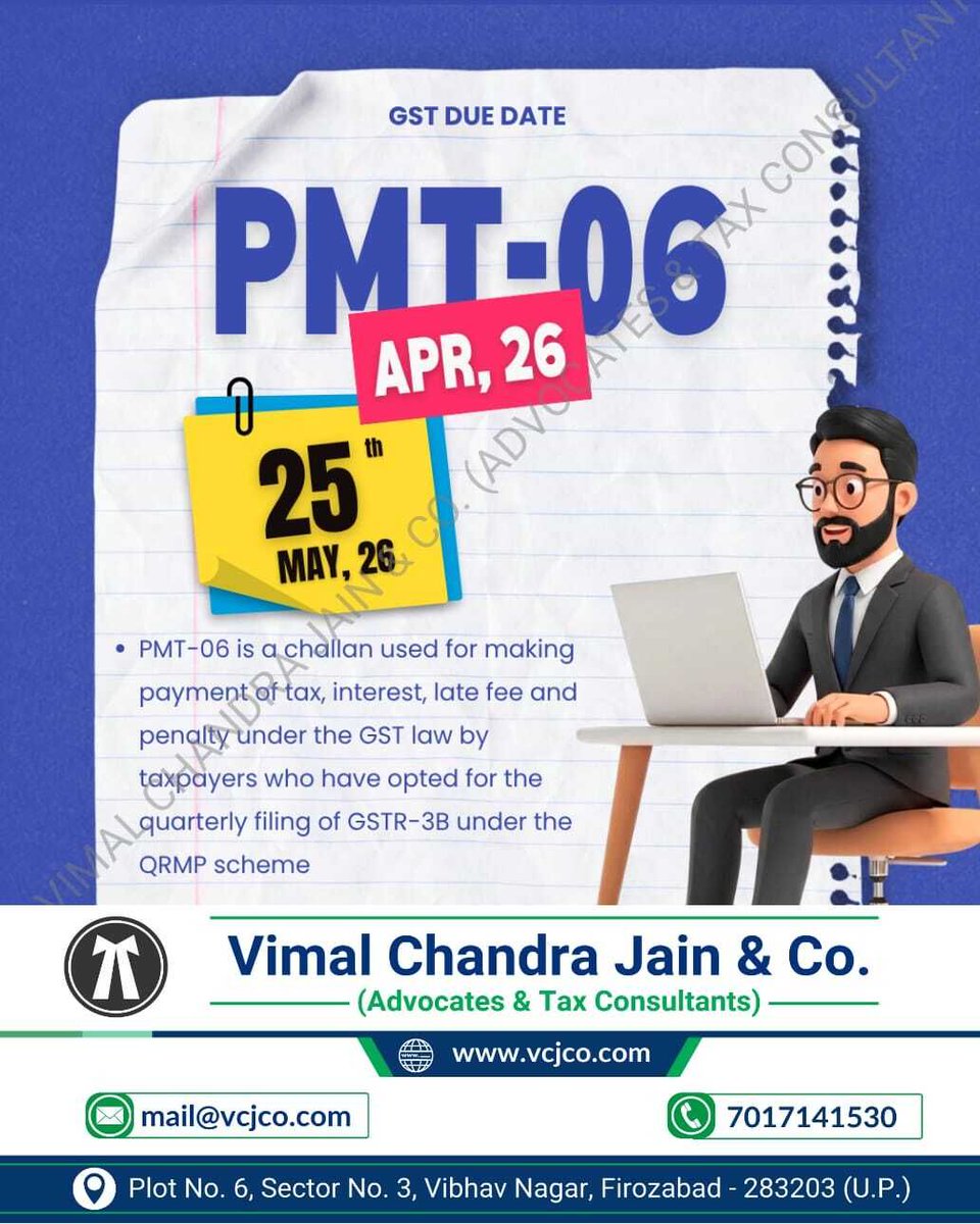 vcj_co's tweet photo. PMT-06 Due Date Today.
#PMT06 #GST #Challan #April #May #mathura #vrindavan #jalesar #kotla #dholpur #bharatpur #fariha #jasrana #sirsaganj #etah #auraiya #etawah #kanpur #tundla #vcjco #firozabad #agra #shikohabad #itr #incometaxreturn #refund #gstr #gstregistration #tax #gstin https://t.co/fG49uairLN
