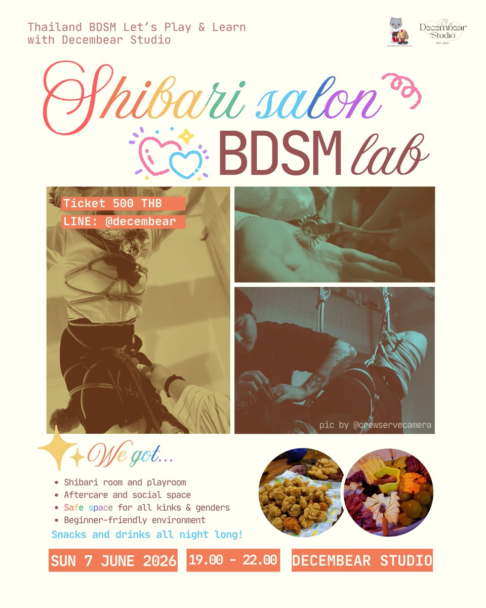 thailandbdsm's tweet photo. เดือนแห่ง PRIDE นี้ เราจึงจัดกิจกรรมสำหรับกลุ่มชาว Sapphic โดยเฉพาะ แต่ก็ไม่ทิ้งให้กลุ่มอื่นๆเหงา เพราะเราอยากให้ทุกคนได้ explore ค้นหาความชอบ ทดลองและมีความสุขในแบบของตัวเอง ไม่ว่าจะเป็น Shibari หรือ BDSM ดังนั้นมาเจอกันได้ 2 ช่วงเวลา คือ
14.00-17.00 สำหรับ Sapphic เท่านั้น
19.00-22.00 สำหรับทุกเพศ วัย 20+

อัตราแลกเปลี่ยน 500 บาท
สถานที่ : @DecembearBKK  
วันที่ : 07 มิถุนายน 2569
เวลา :  Sapphic Only 14.00 - 17.00
              All  19.00 - 22.00
สำรองที่นั่งที่ https://t.co/8g9dPfUQ8n