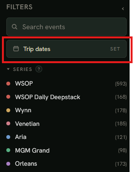 Gags30poker's tweet photo. A  few new features added to the Calendar tonight:
 
- Set "Trip dates" of your time in vegas to only see MTTs that take place when you're there **and conclude** before you leave
-Settings control how strict end date is (in case you want to move a flight if you make day 2 or 3) https://t.co/haBFnuLopE