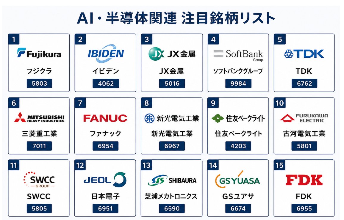 manyoutei_AAA's tweet photo. 日経平均は63339円で史上最高値を更新。
中東情勢の緩和期待と長期金利の安定を背景に、市場には再び買い資金が戻っています。
今、本当に重要なのは、一部の人気大型株だけを見ることではありません。
AI・半導体関連の
チップ、設備・材料、サーバー・システム分野などは、今後さらに存在感を高めていくと見ています。
そこで今回は、私が注目している関連銘柄を整理しました。
人気大型株と比べて、比較的入りやすい株価帯でありながら、将来的な成長余地も大きいと考えています。
フジクラ（5803）
イビデン（4062）
JX金属（5016）
ソフトバンクグループ（9984）
TDK（6762）
三菱重工業（7011）
ファナック（6954）
新光電気工業（6967）
住友ベークライト（4203）
古河電気工業（5801）
SWCC（5805）
日本電子（6951）
芝浦メカトロニクス（6590）
GSユアサ（6674）
FDK（6955）