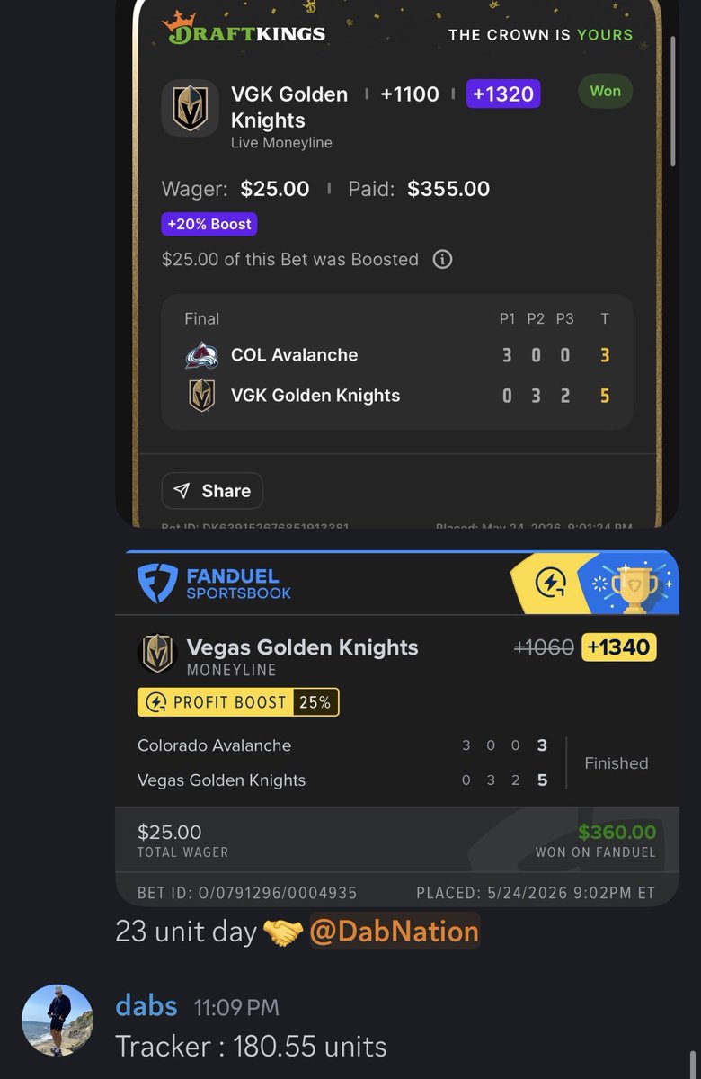 degendabs's tweet photo. Vegas knights bring me up to 180 units on the year 🤝

Keeping track of my bets def been helping me stay green https://t.co/lJg9WPS6ND