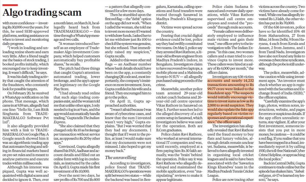 amitgupta0310's tweet photo. An alleged algorithmic trading scam involving TRADEMAKERALGO, where fraudsters lured investors with promises of automated trading, low brokerage fees, and easy profits. 

A victim initially invested small amounts and was encouraged to increase investments after seeing modest returns. Warning signs emerged when withdrawals became difficult, app features malfunctioned, and suspicious payment requests arose. 

Police investigations suggest a widespread operation using fake apps, manipulated reviews, mule accounts, and call centers to target victims across India. 

Authorities have identified 636 accounts linked to transactions worth nearly ₹99.77 crore and advise investors to verify app legitimacy and remain cautious of unrealistic returns.

Almost 100 cr were lost by people in the name of "get rich quick" schemes. And then people on social media ask an uneducated opinion: what's the difference between regulated and unregulated advice? 😀