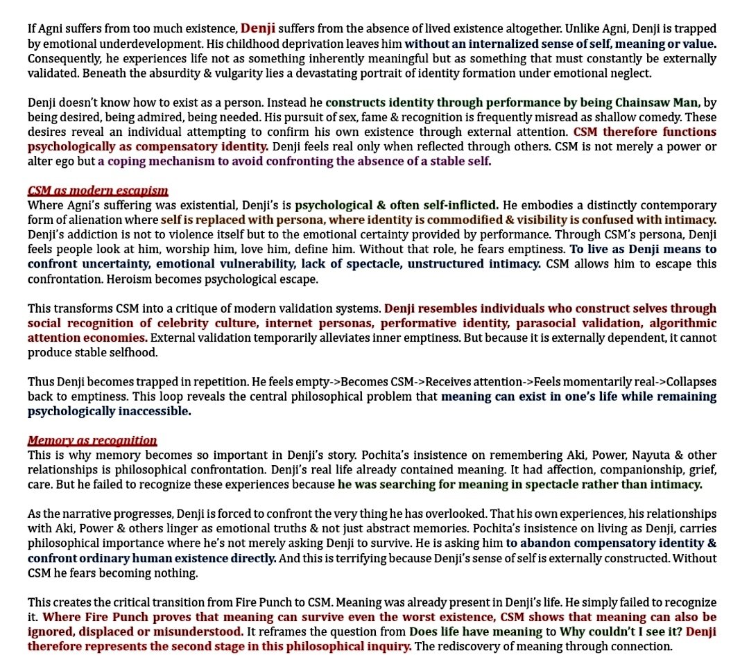 iprcneverdies's tweet photo. Previously I talked about my pet project of interpreting Agni->Denji->Asa as a thematic progression of continuous inquiry into human existence. Find meaning->Recognise it->Learn to live it.

Although I created it solely for meself, nonetheless I'll share it.

#MAPPAmentality101 https://t.co/cI77tO28jB