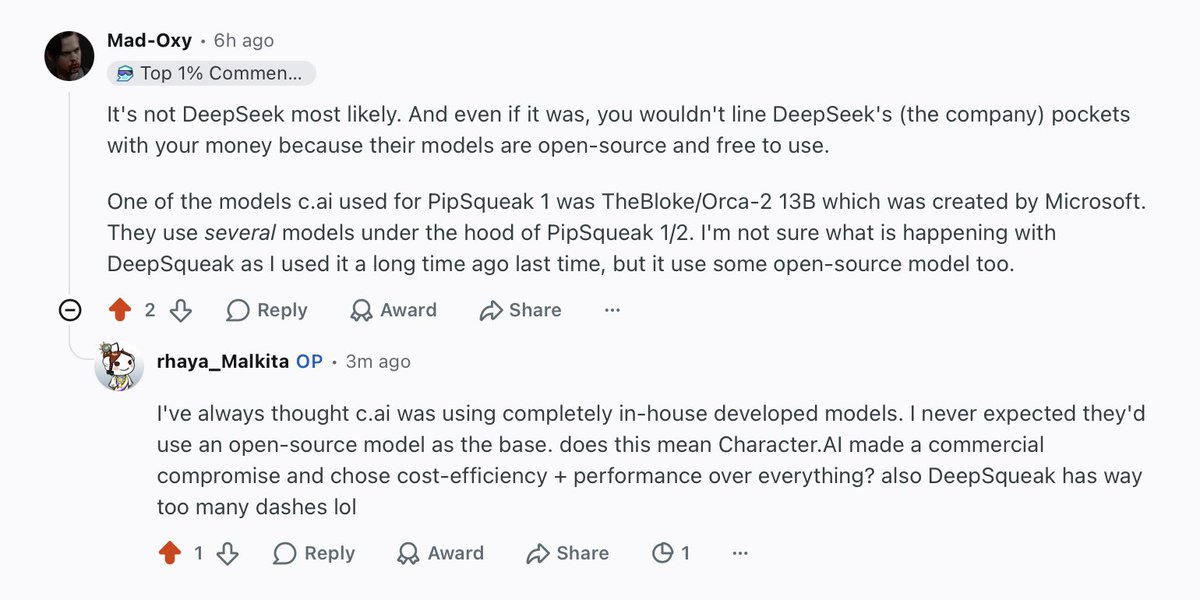 rheeindeerhea's tweet photo. #DeepSqueak is basically powered by f\cking #DeepSeek, and #CharacterAI only did some dataset finetuning. I’m actually melting down 😖!!!
bring back peak‑era 2024–2025 https://t.co/UotLv52E6t
@character_ai https://t.co/aRFNQw9s9M