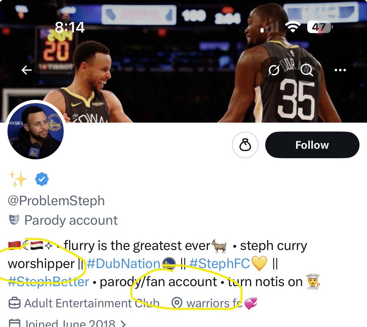 randomDokkaner's tweet photo. @DanteHarri49506 @ProblemSteph Sounds good sir. I’ll leave you with context clues to show how an account is not a parody pretending to be Steph, but is actually a fan account 

Good day 🫡 https://t.co/8VVj5QLyCy