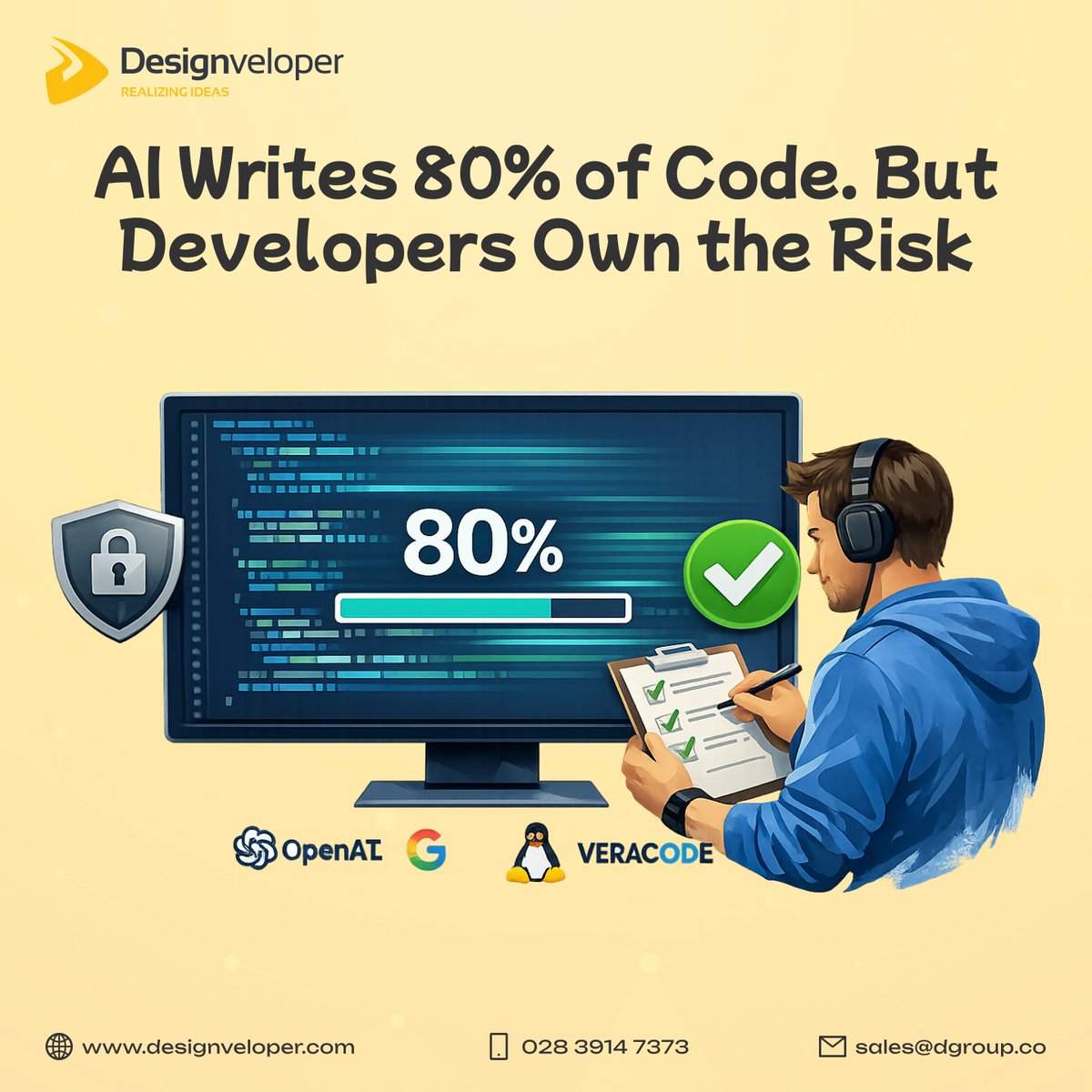 Designveloper's tweet photo. AI is helping developers code faster than ever.

According to DeveloperTech, AI coding tools have evolved from writing around 20% of code to as much as 80%.

But speed does not guarantee quality.

Google says 75% of its new code is AI-generated, yet still requires engineer approval. Veracode also found that 45% of AI-generated code samples may contain OWASP Top 10 security flaws.

At Designveloper, we use AI Agents to support development, but every product is still reviewed by experienced developers.

AI helps us move faster. Human expertise keeps the quality reliable.

#Designveloper #AI #SoftwareDevelopment