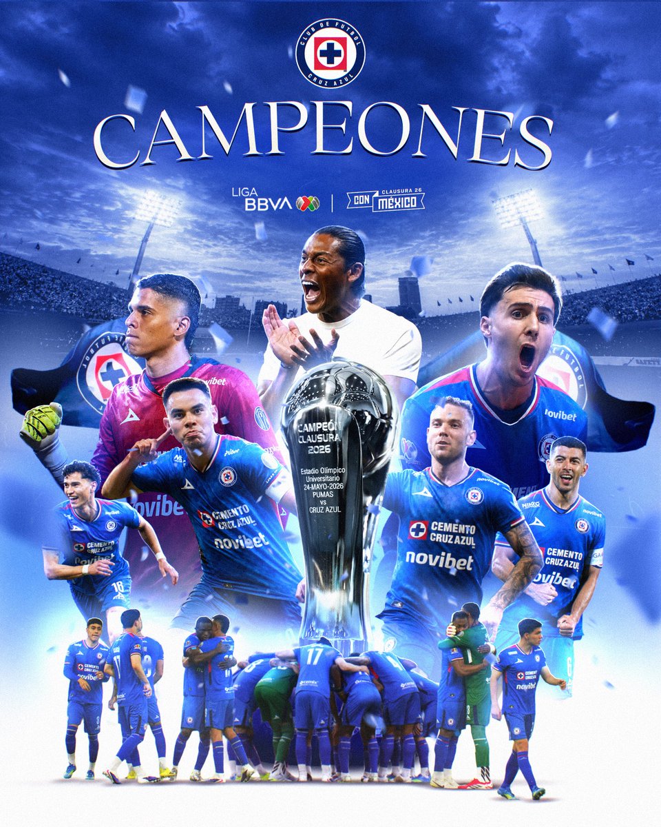 CarlosReynosoKC's tweet photo. #OFICIAL Cruz Azul es campeón del Clausura 2026.

Tras su victoria por 1-2 sobre Pumas, Cruz Azul ha logrado su décimo título de liga en toda su historia tras 5 años de espera. Joel Huiqui logra su 1º título con tan solo 7 PARTIDOS dirigidos 👀 https://t.co/7dpUcsIdXO