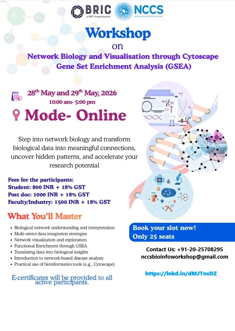 SML_NCCS's tweet photo. Hello everyone, 🧑‍🔬👩‍🔬
Bioinformatics Facility at BRIC-NCCS is organizing an online workshop on Network Biology &amp; 🧬 GSEA 🧬.

Learn to analyze biological data using network-based approaches, construct and interpret protein–protein interaction networks.

https://t.co/BpuhdcgSZn https://t.co/iabld983c5