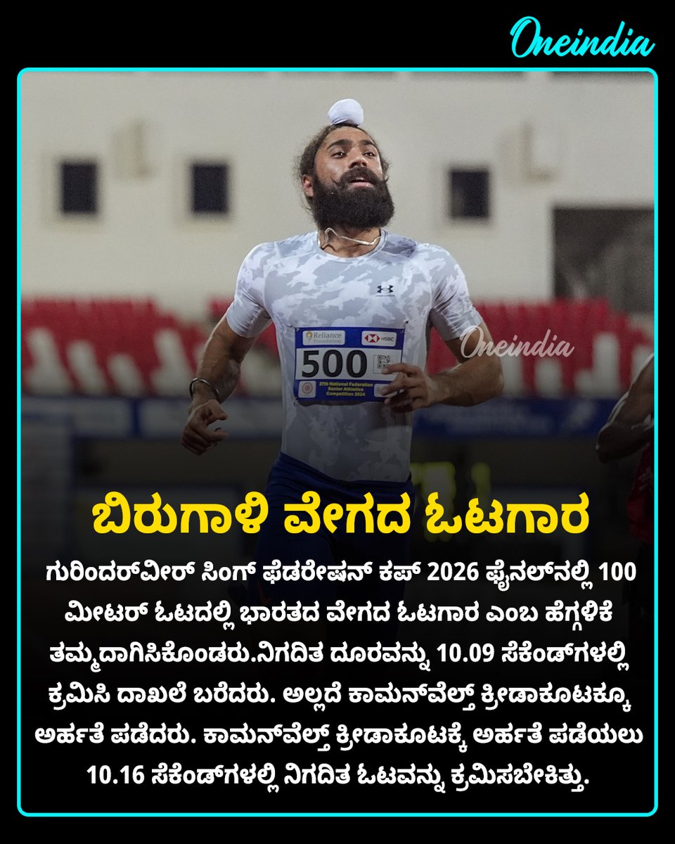 OneindiaKannada's tweet photo. ನೌಕಾಪಡೆಯ ಯೋಧನ ಸಾರ್ವಕಾಲಿಕ ದಾಖಲೆ: 100 ಮೀಟರ್ ಓಟವನ್ನು ಕೇವಲ 10.09 ಸೆಕೆಂಡುಗಳಲ್ಲಿ ಮುಗಿಸಿ ಭಾರತದ ಅತ್ಯಂತ ವೇಗದ ಮನುಷ್ಯನಾದ ಗುರಿಂದರ್‌ವೀರ್‌ ಸಿಂಗ್  

#GurindervirSingh #SportsUpdate #OIKannada #IndianNavy #NationalRecord #100mSprint #FastestManInIndia https://t.co/zenmVJyOO4