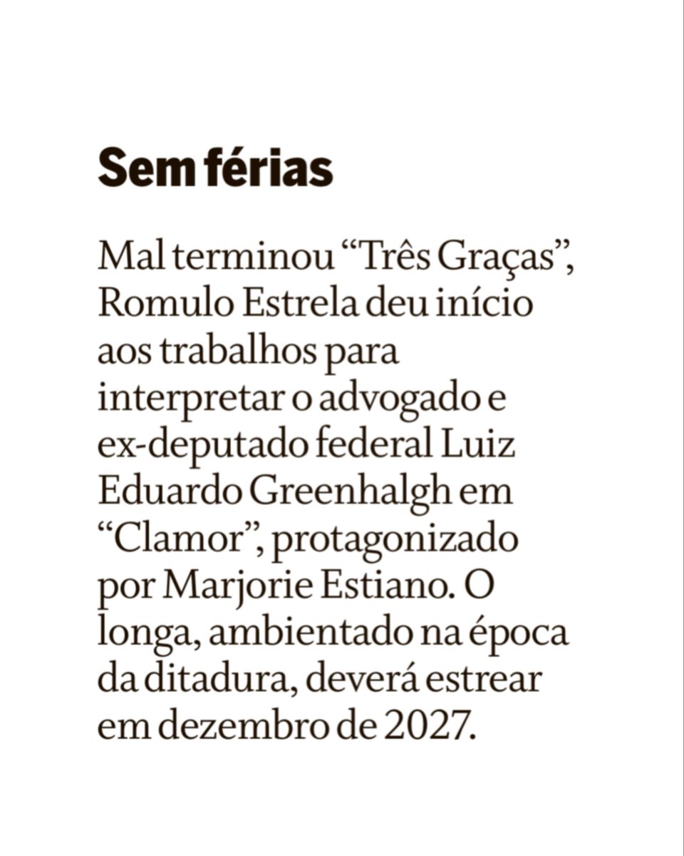 InfosRomuloE's tweet photo. Sem férias, Romulo Estrela já iniciou os trabalhos para interpretar o advogado e ex-deputado federal Luiz Eduardo Greenhalgh no filme Clamor, longa ambientado na época da ditadura, com estreia prevista para dezembro de 2027.

📰 O Globo https://t.co/kZsS1eDGN6