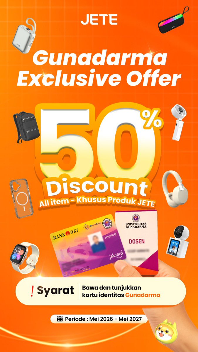 gunadarma_'s tweet photo. Support system buat kuliahmu! π§β¨
UG x JETE @jeteindonesia kasih benefit eksklusif diskon 50% untuk dukung produktivitas civitas academica. Cukup tunjukkan kartu identitas UG di gerai JETE. Berlaku Mei 2026-2027. Semangat berkarya! π§‘π
#Gunadarma #JETE #InfoUG https://t.co/oxKherPs5j