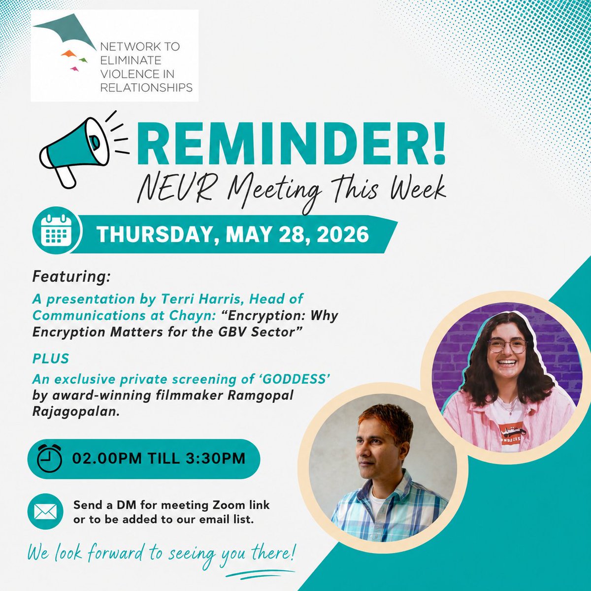 ViolenceNEVR's tweet photo. Reminder! Join us this Thursday, May 28 for the NEVR Monthly Meeting.
Presentation by Terri Harris (Chayn): “Why Encryption Matters for the GBV Sector”
Plus a private screening of GODDESS.
Time: 2:00 PM – 3:30 PM
DM us for the Zoom link.
#NEVR #ViolencePrevention
@DrBalbirGurm https://t.co/dk2C9RnBTE