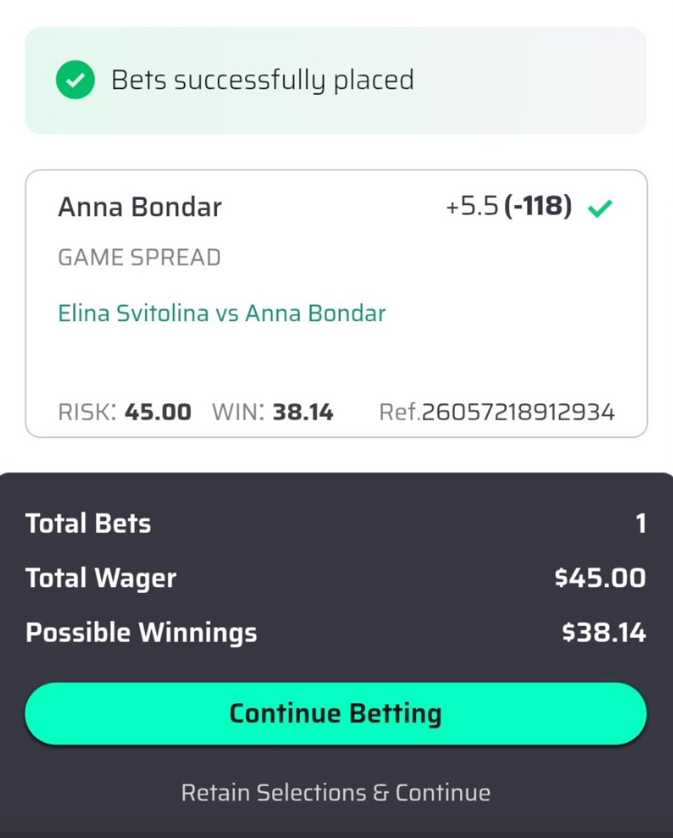 TyTranPicks's tweet photo. 5/25/26 WTA French Open 

My two bets for tomorrow's French Open first round matches:

1. Anna Bondar +5.5 (-118) vs. Svitolina — Bondar is a true clay specialist. Svitolina rarely blows anyone out. Huge cushion.

2. Zeynep Sonmez +4.0 (-121) vs. Kasatkina. Sonmez is an improving young player. Kasatkina will most likely win but Sonmez covers.
