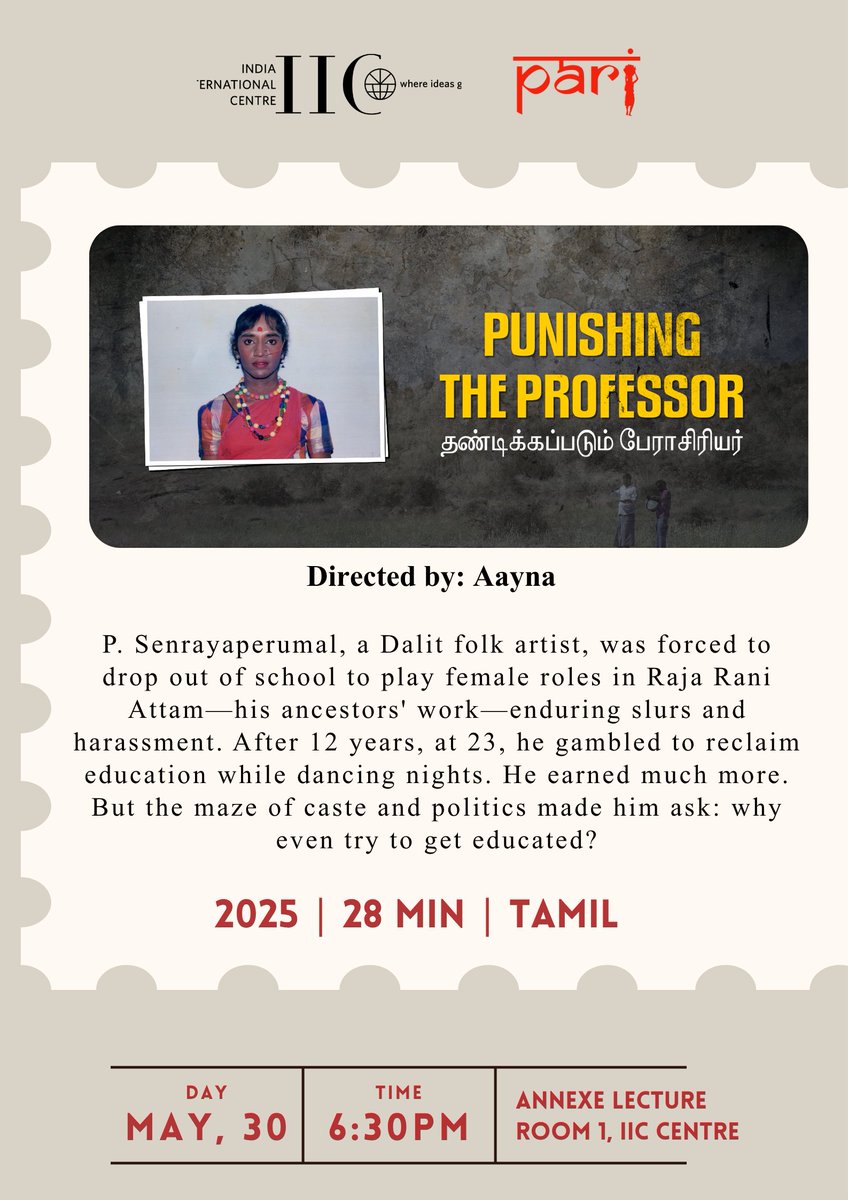 PARInetwork's tweet photo. PARI films, Punishing the Professor and Bollywood calling Lal Singh, directed by Aayna will be screened at the Indian International Centre (IIC), Delhi.

30th May| Saturday| 6:30 pm
Location- Lecture Room 1, IIC Annexe https://t.co/mdlo2azZDb