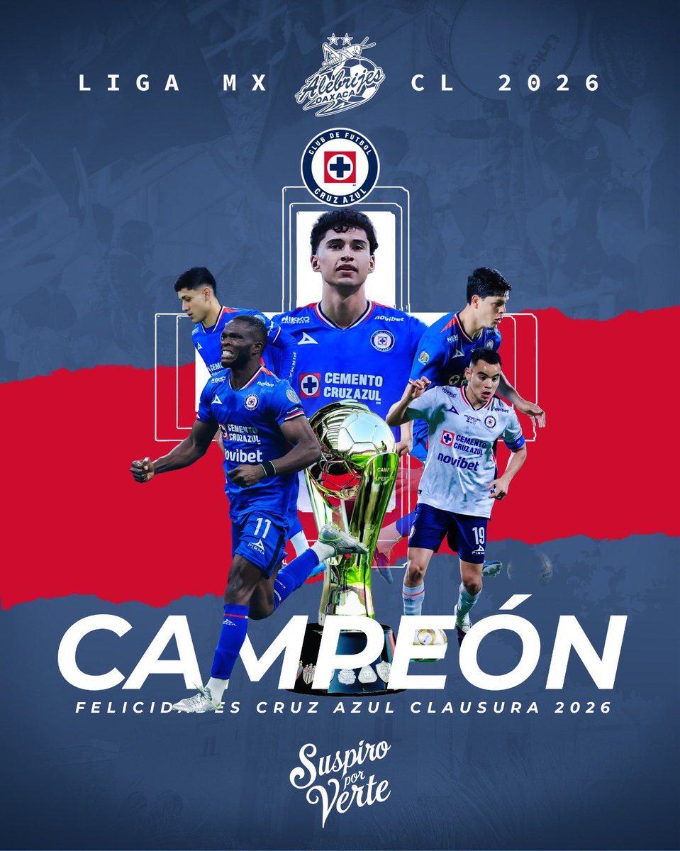 AlebrijesOaxaca's tweet photo. 🏆 ¡Felicidades a @CruzAzul por conquistar el Torneo Clausura 2026 de la @LigaBBVAMX ! 🔵⚪

La Máquina vuelve a hacer historia y suma una nueva estrella a sus vitrinas, demostrando carácter, entrega y grandeza en una final inolvidable. 

#SuspiroPorVerte🧡🦗 https://t.co/ZriRA6Fmu4