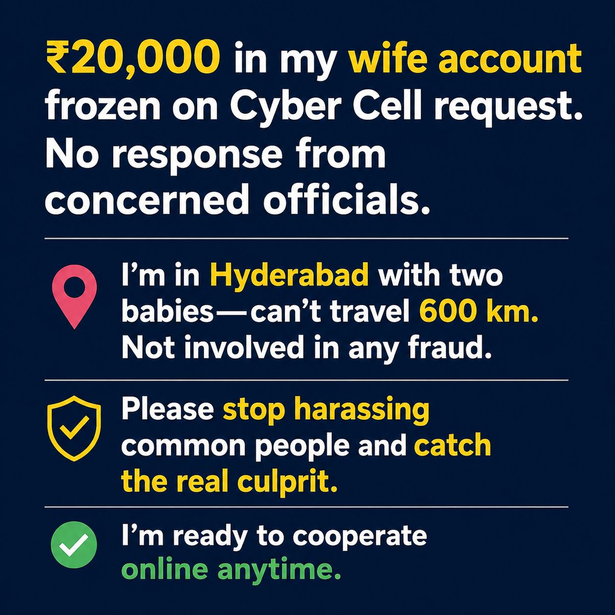 subhash1005's tweet photo. HDFC bank freezed 20000 in my wife account please help us. 
@CyberCrimeshyd @RaigadPolice @CollectorRaigad @TV9Telugu @CMOMaharashtra @HDFC_Bank @indSupremeCourt @ndtvindia @NtvTeluguLive @PMOIndia @mataonline @HydTimes #trends #India https://t.co/E4ne8GVWNf