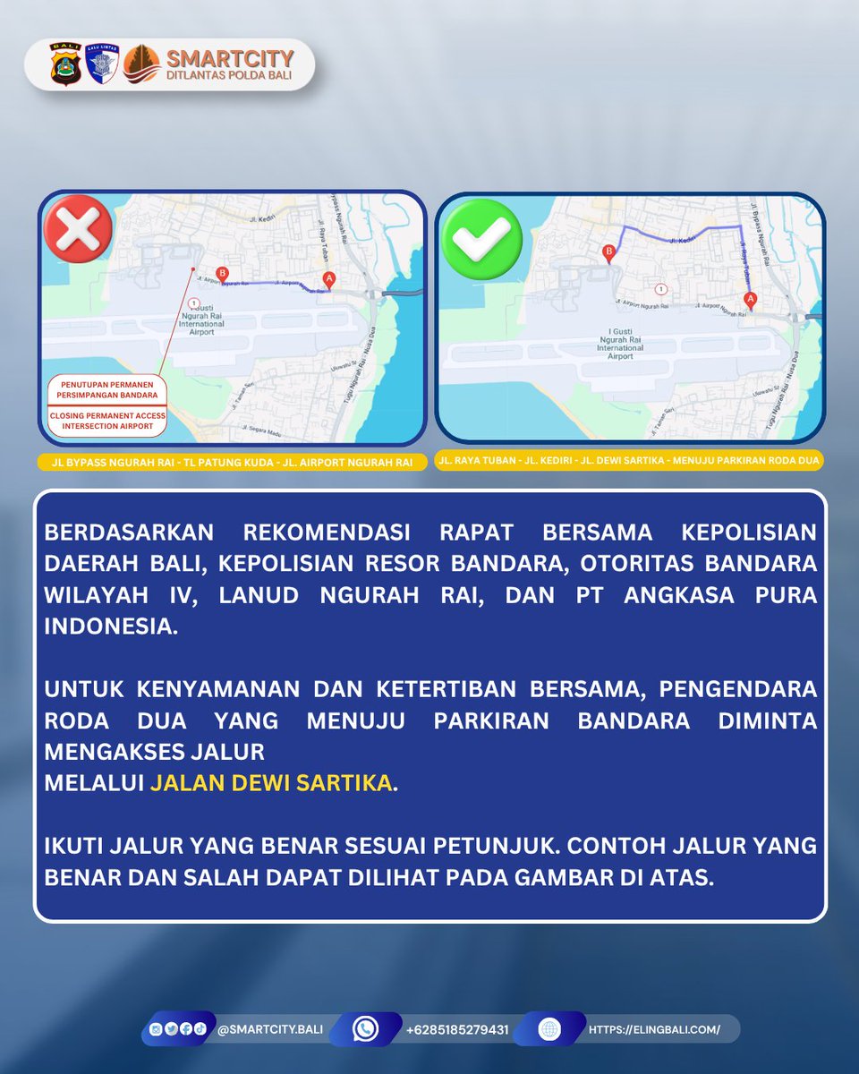 eling_bali's tweet photo. Halo Semeton, ada informasi penting nih terkait akses menuju Bali Airport.

Informasi ini kembali dihimbaukan karena berdasarkan pantauan CCTV Backoffice Smart City Ditlantas Polda Bali, masih ditemukan pengendara roda dua yang masuk ke jalur khusus kendaraan roda empat. https://t.co/hz4M85vzS8