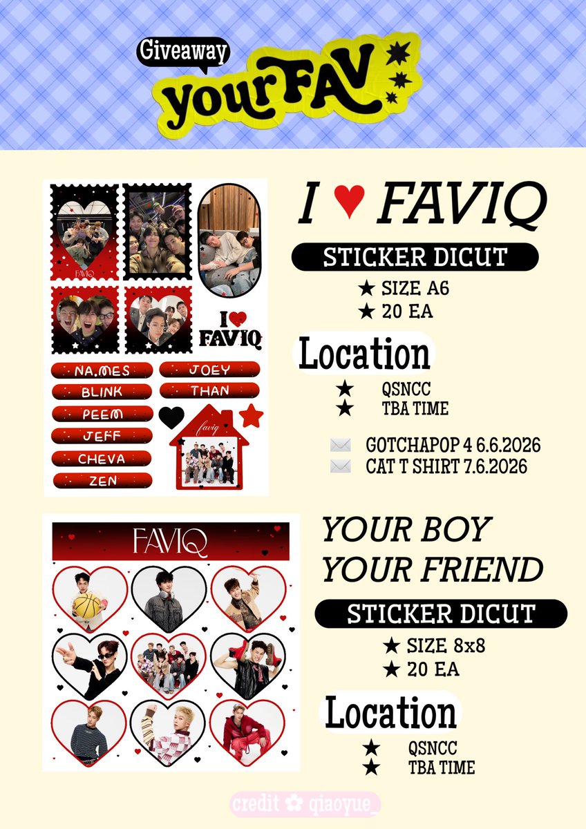 2O181997's tweet photo. 📣 ปุกาดของแจกเนื่องในโอกาส #FAVIQ_DEBUTSTAGE 
( มาช้าแต่มานะ )

🌻 6-7th JUNE — QSNCC
🌻 time / location — TBA
มีเผื่อไปแจกทั้งงาน GOTCHAPOP4/CAT TSHIRT งับ 

( แต่ของต่อแบบอาจจะเอาไปไม่เท่ากันทั้งสองวันน้า ไม่มีกติกาอะไย สะกิดได้เยย 🥺🤲🏻⭐️ )

 #FAVIQ #FAVIQ_TH https://t.co/lqL8af21DX