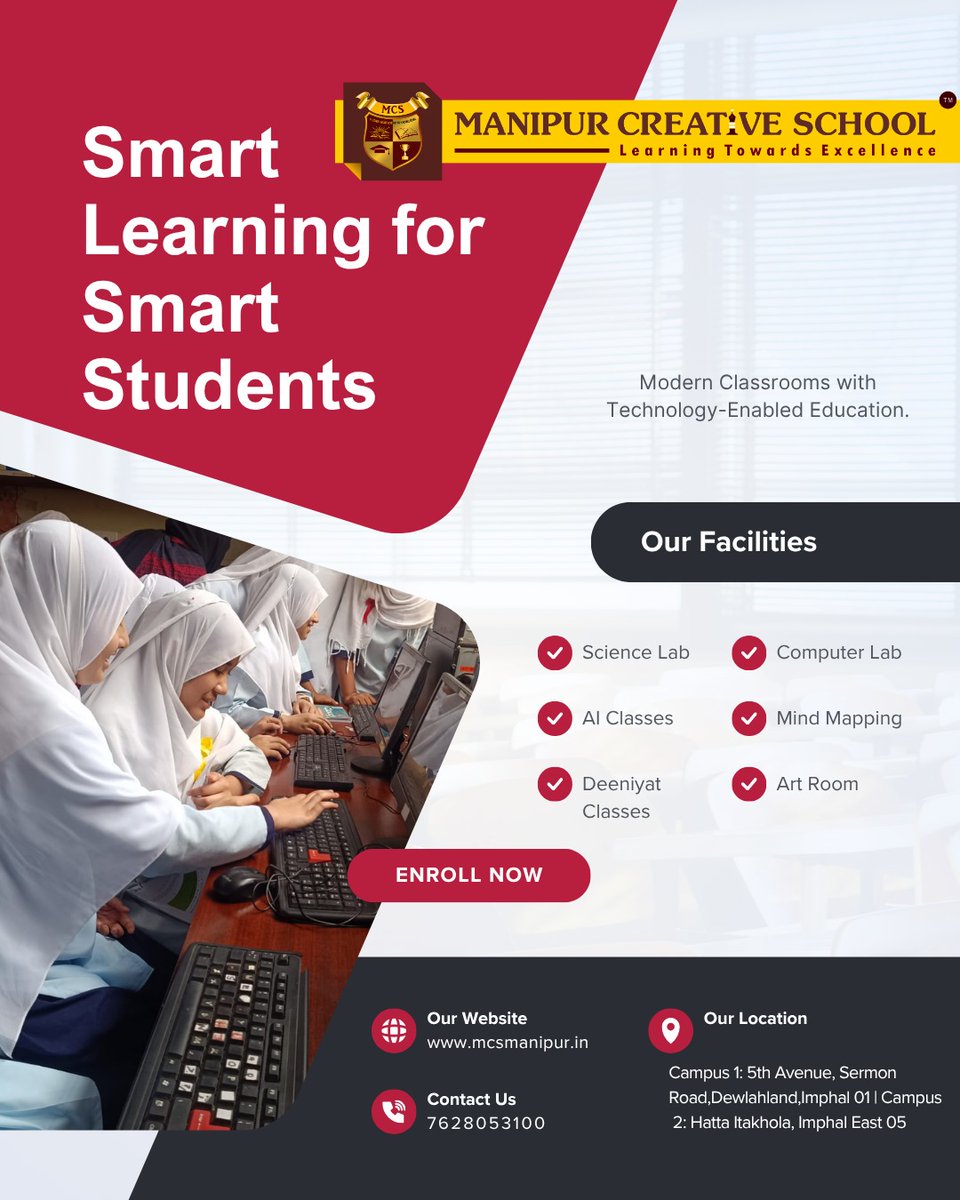 MCSImphal's tweet photo. Smart Learning for Smart Students 💡
Technology-enabled education, AI Classes, modern labs &amp; value-based learning at Manipur Creative School, Imphal.

Admissions Open Now!
#ManipurCreativeSchool #SmartLearning #AdmissionsOpen https://t.co/fuC07VgMsl