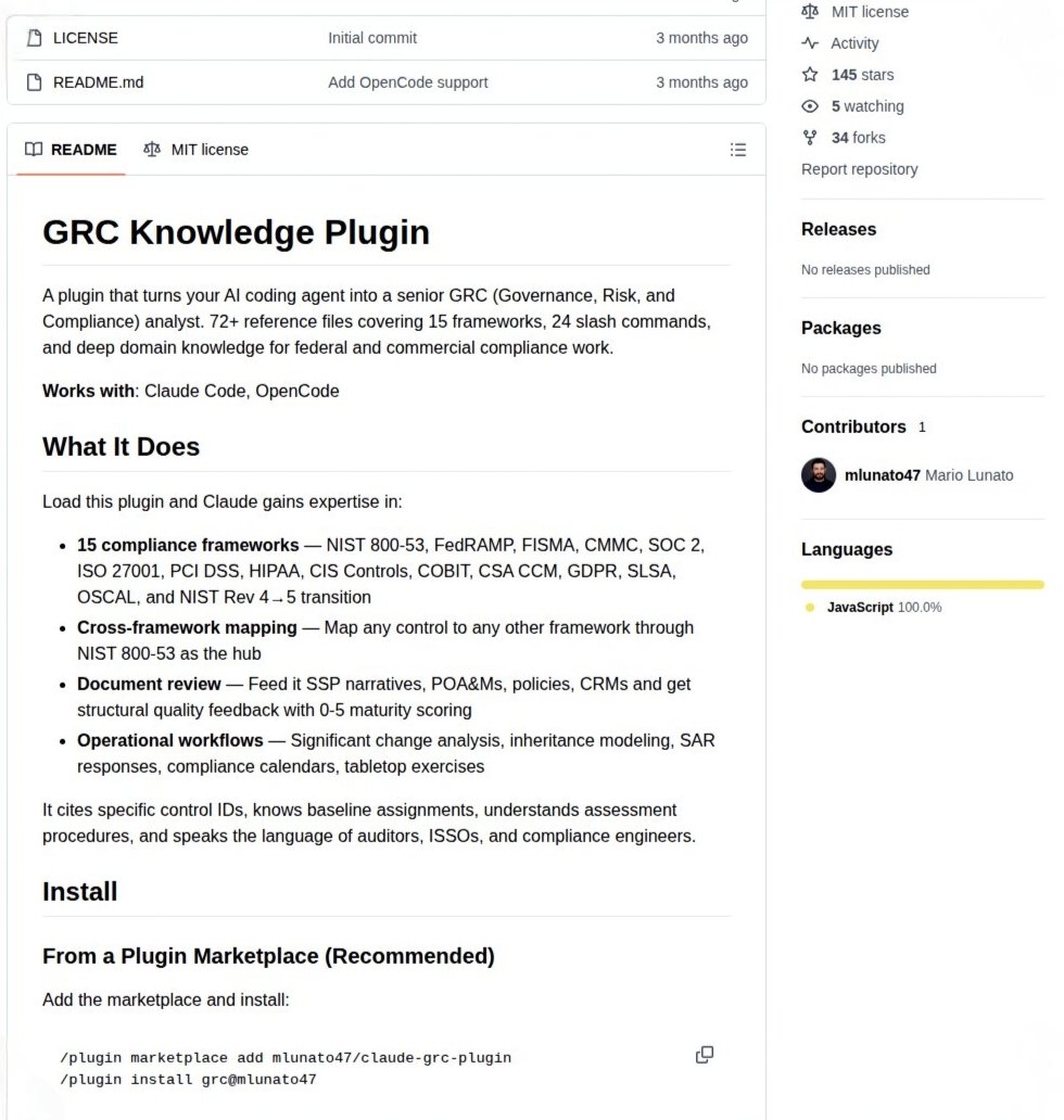 GRC Knowledge Plugin README screenshot listing compliance frameworks, reference files, and commands for Claude Code and OpenCode