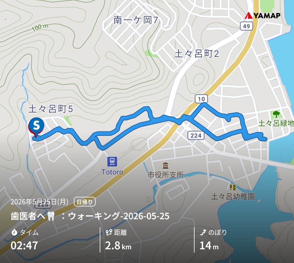 cat_mimi's tweet photo. 歯医者へ🦷：ウォーキング-2026-05-25 https://t.co/i4rRuw2470 #YAMAP #山歩しよう https://t.co/FpNeiVHi8V