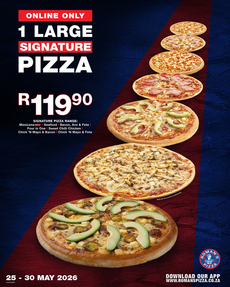 romans_pizza's tweet photo. π Your favourite Signature Pizza is just a tap away! π²π₯
Get 1 Large Signature Pizza for ONLY R119.90
ONLINE ONLY π
Big flavour and Bigger cravings π€€
ποΈ Valid: 25 β 30 May 2026
π± Order now on the Romanβs Pizza App or online
#RomansPizza #SignaturePizza #OnlineOnly https://t.co/UQbZcrZBTi