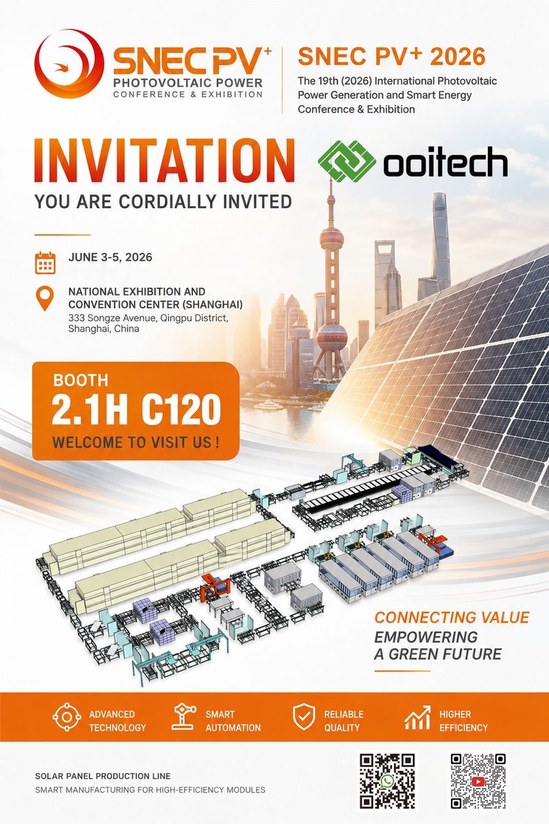 OoiTech's tweet photo. We are pleased to invite you to visit our booth at the 2026 Shanghai International Solar Energy Conference &amp; Exhibition (SNEC 2026), where we will showcase our advanced solar panel production lines designed for efficiency, precision, sustainability in photovoltaic manufacturing. https://t.co/mIMWrfBNy9