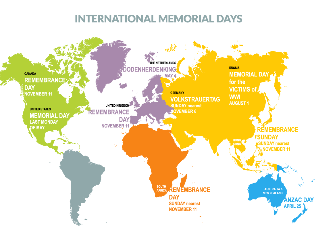 HipmapsA's tweet photo. This Memorial Day, we honor all the brave men and women who never made it home. The U.S. observes Memorial Day on the last Monday of May — but other countries observe it on other dates, as this map by Tinselbox shows. (We fact-checked this map and found a few errors).
#MapGeek https://t.co/YZGWv4rq4d