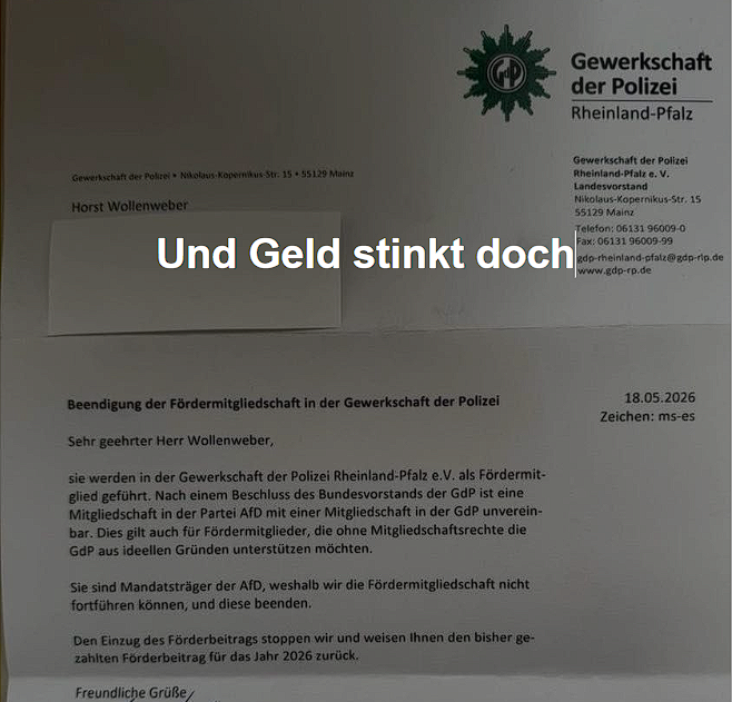 kpeterlBW's tweet photo. Die GdP Rheinland-Pfalz kündigt einem #AfD-Mandatsträger die Fördermitgliedschaft – und überweist den Beitrag zurück. Selten so deutlich: Man kann nicht demokratisch sein und sich von völkischen Netzwerken alimentieren lassen. Geld stinkt manchmal doch. https://t.co/KeVGzovPRq https://t.co/e1lmQDbUCY
