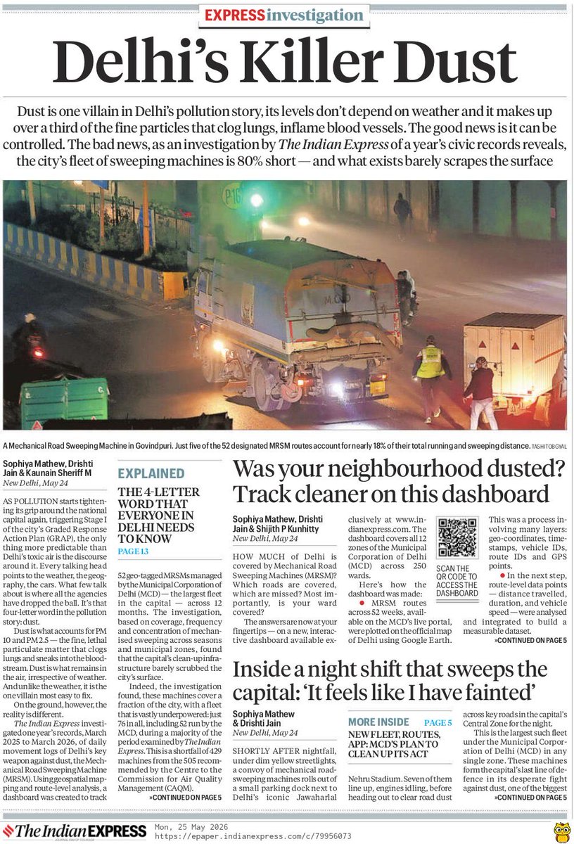 Warriormomsin's tweet photo. The image of Delhi’s “clean roads” is strangely cinematic; giant sweeping machines gliding through empty streets at night.

The reality is men walking beside them for hours, coughing into cloth masks, shovelling cow dung, unclogging garbage by hand, and reaching home feeling “like fainted.”

A detailed insightful on ground story by @SophiyaMathew1 @Drishti_jain02 @kaunain_s @IndianExpress exposing reality of Delhi’s fight against dust. Spending two nights following the city’s road sweeping machines, and the workers behind them, across some of the capital’s dirtiest stretches.

https://t.co/jGK65h5AO4