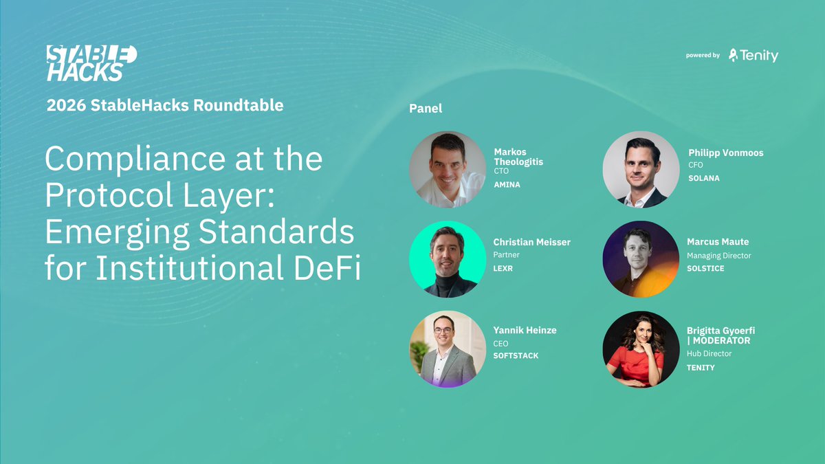 AMINABankGlobal's tweet photo. As part of StableHacks co-hosted by AMINA and @tenity_global alongside @Solana and @SolsticeFi, Markos Theologitis, CTO at AMINA will join a panel with @Solana, @LEXRLAW, @SolsticeFi, and @softstackHQ to discuss “Compliance at the Protocol Layer.”

📆 Thursday, 28 May
🕛 14:30 - 15:20 CET
📍 Rotkreuz, Zug, Switzerland

The session will move beyond theory and into the practical realities of how institutions are approaching stablecoins today, answering some of the most pressing implementation questions, such as:

🔸 Is protocol-level compliance becoming a new institutional standard?
🔸 Can on-chain enforcement evolve beyond traditional front-end KYC models?
🔸 What would regulators need to see for this framework to scale?

If you're attending CVC, don't miss this session!

#StableHacks #Stablecoins #DigitalAssets #InstitutionalFinance #Blockchain #Compliance #AMINA