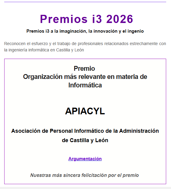 CPIICyL's tweet photo. 🏆Premios i3 2026  -Organización más relevante en materia de Informática : 🔷 APIACYL - Asociación de Personal Informático de la Administración de Castilla y León🔷Enhorabuena !! Leer - https://t.co/S1GdTfO2BK https://t.co/dS26HnozgR