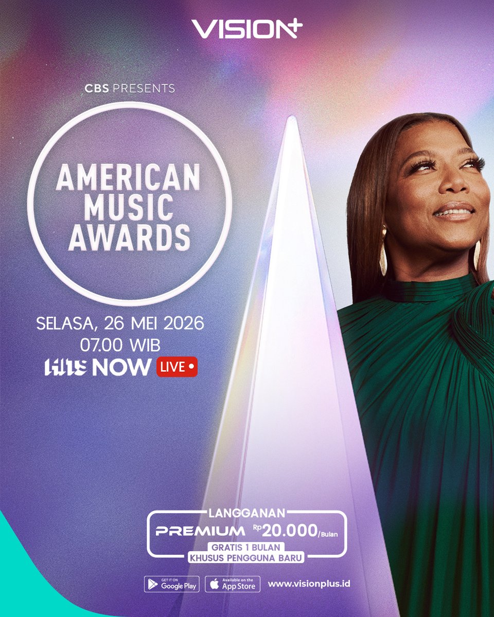 visionplusid's tweet photo. Musik terbesar, momen paling ikonik, dan penampilan yang ditunggu-tunggu hadir di satu panggung ✨🎶

Jangan lewatkan kemeriahan American Music Awards 2026 LIVE hanya di Vision+! Siap-siap lihat deretan musisi dunia, performance spektakuler, dan momen viral yang bakal rame dibahas 🔥

📺 Selasa, 26 Mei 2026
⏰ 07.00 WIB
📍 Streaming LIVE di Channel Hits Now

Langganan Vision+ Premium mulai 20 ribuan aja!

#VisionPlus #StreamingUntukSemua #AmericanMusicAwards #AMA2026