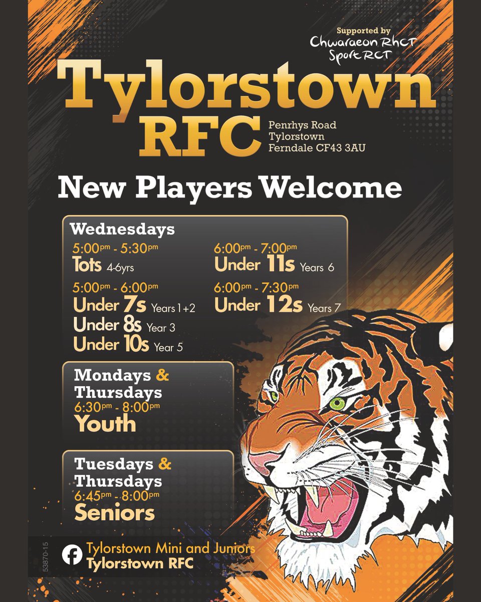 SportRCT's tweet photo. Tylorstown RFC are recruiting new players for next season. They have tots (age 4-6), under 7's, under 8's, under 10's, under 11's, under 12's, youth and seniors. Full details are available on the flyer - contact them on Facebook for further details! https://t.co/HoLji6n1eq