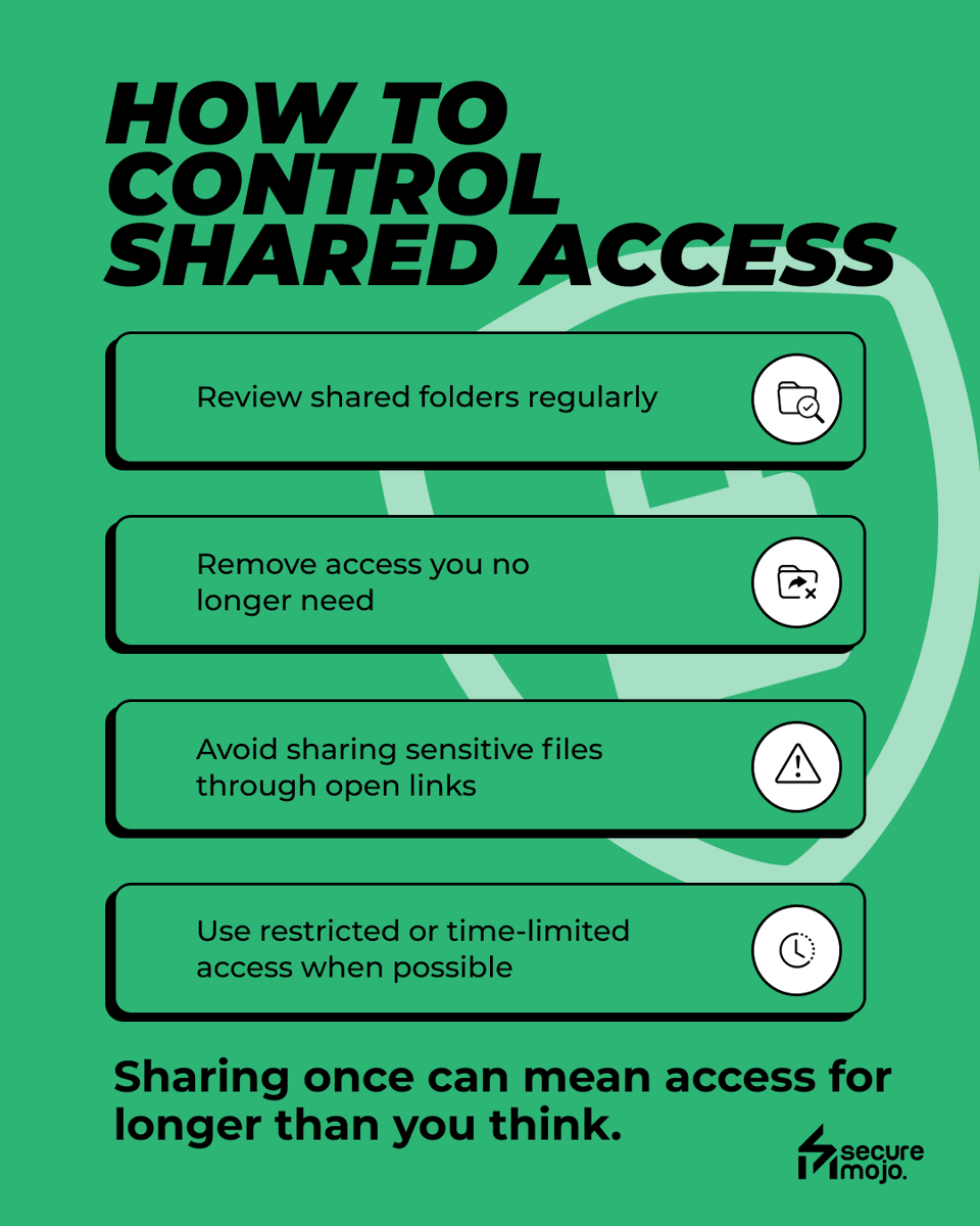 SecureMojo's tweet photo. You stopped sharing the folder 👀
But the access may still be open ⚠️

#SecureMojo #Cybersecurity #OnlineSafety #DigitalHygiene #CyberSmart #SharedFolder #AccessControl #PermissionManagement #didyouknow https://t.co/vwFEOpoGcO