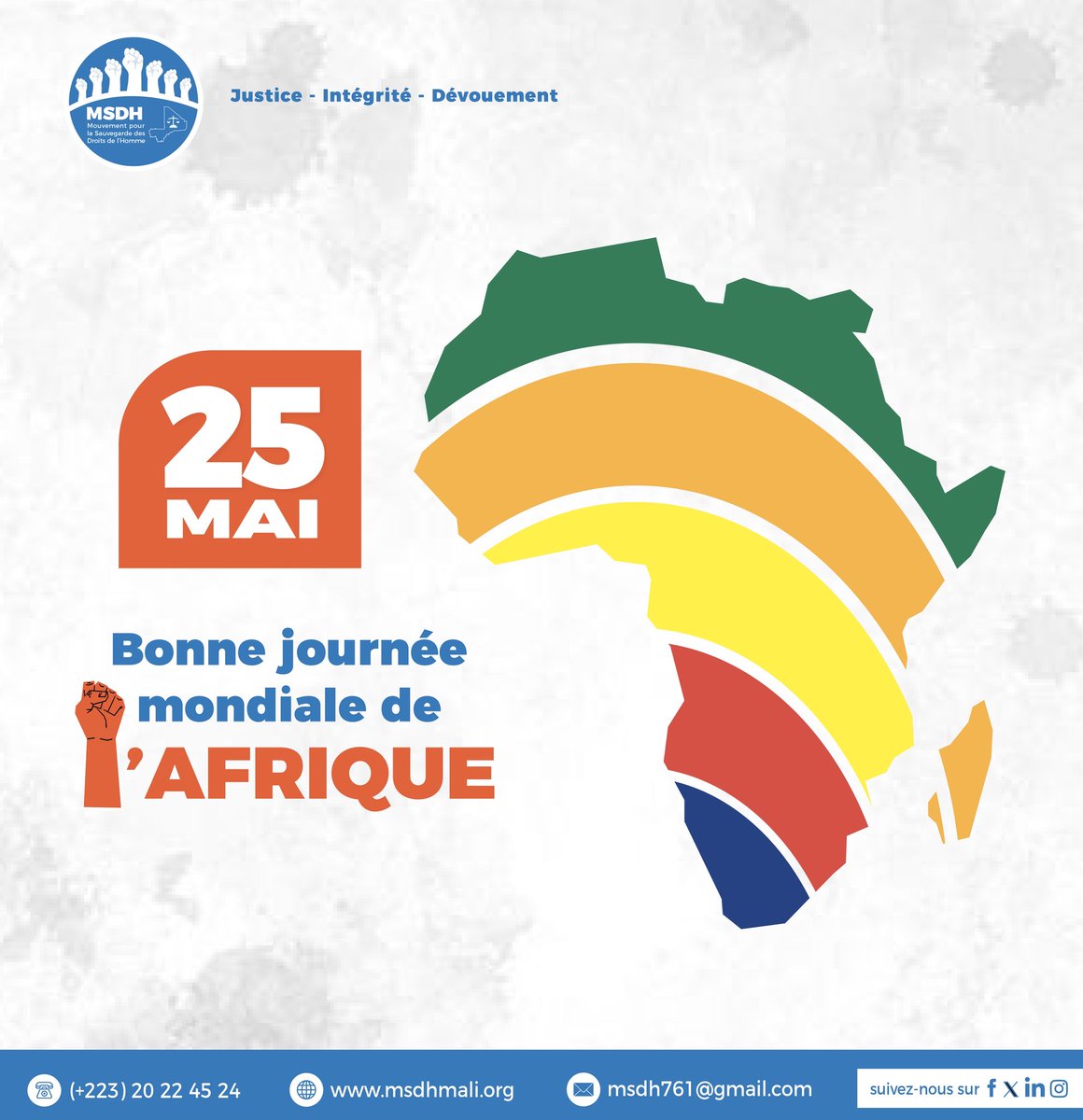 msdhmali's tweet photo. En cette Journée de l’Afrique, le Mouvement pour la Sauvegarde des Droits de l’Homme rend hommage à la grandeur du continent africain, à la richesse de ses peuples, de ses cultures et de son histoire. https://t.co/WR5TN2X3nQ
